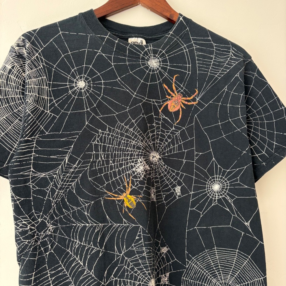 Vintage Anvil Spider Web All Over Print T-Shirt Mens Medium Black Streetwear